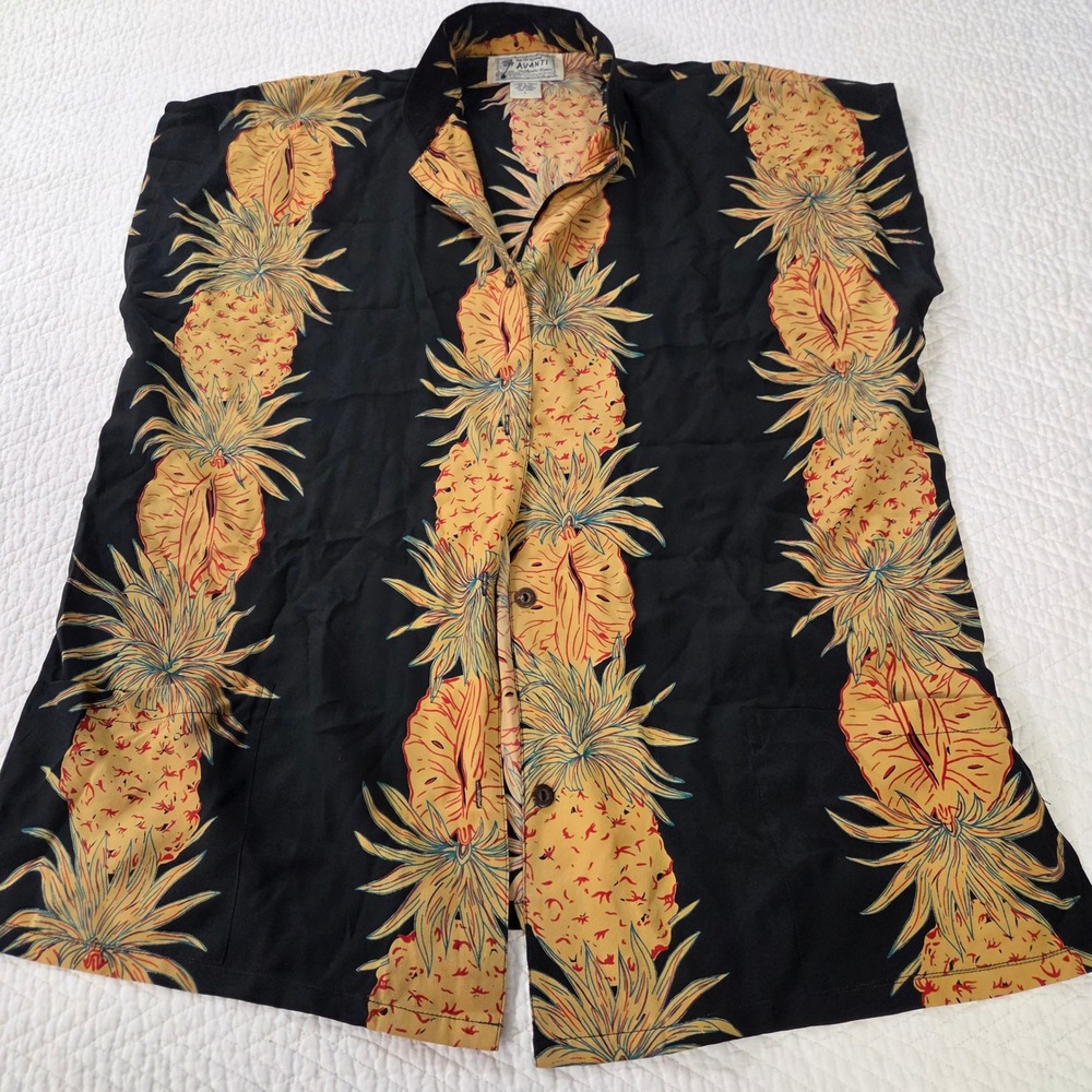 Avanti Silk Hawaiian Shirt Mens Large Black Pineapple Border Print Aloha Button